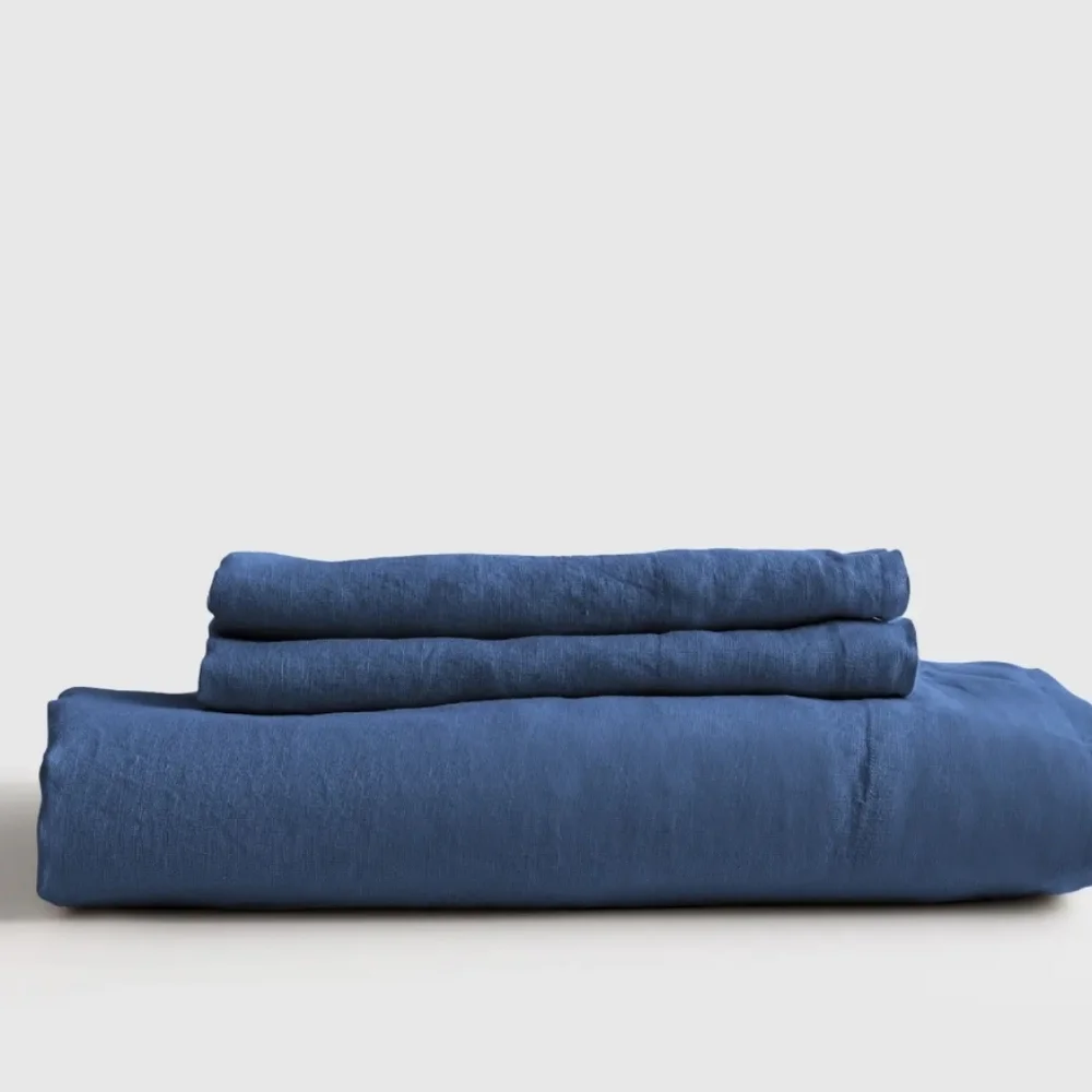 NWOT! Quince 100% Linen Indigo Blue Fitted Sheet & 2 Pillowcases Set! Queen(363)